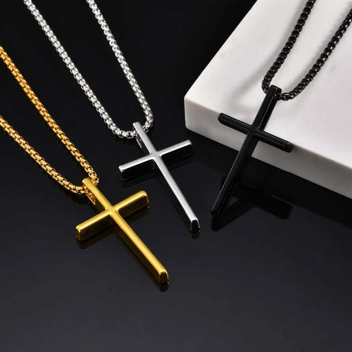 Simple Cross Box Chain Pendant Necklace — Stainless Steel
