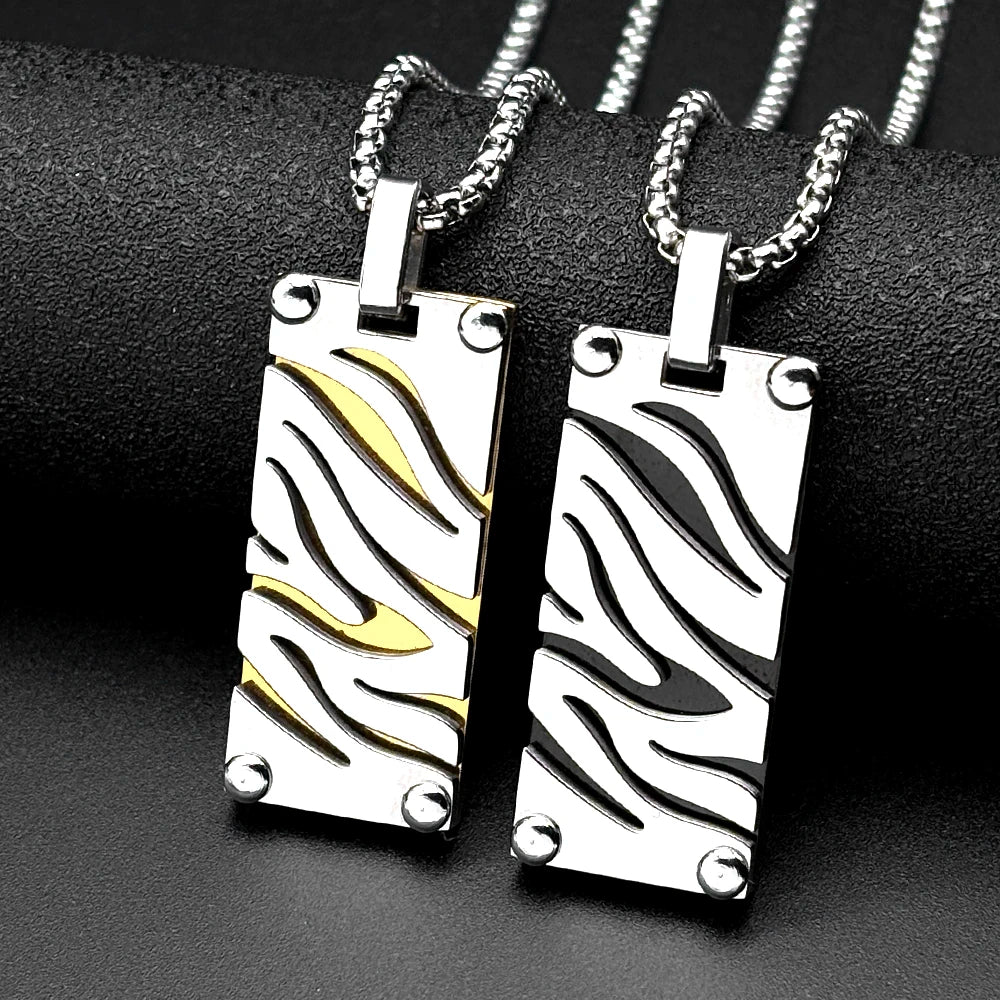 Hip Hop Stainless Steel Two-Tone Hollow Geometric Zebra Print Dog Tag Pendant Necklace for Men Male Punk Chain Jewelry Gift