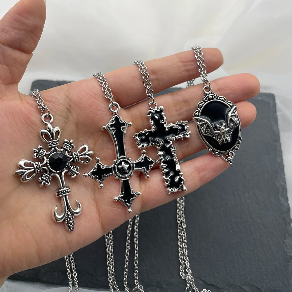 Y2k Black Series Cross And Bat Pendants Unisex Necklace Stainless Steel Chain Jewelry for Men And Women