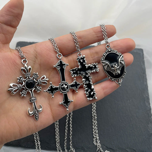 Y2k Black Series Cross And Bat Pendants Unisex Necklace Stainless Steel Chain Jewelry for Men And Women