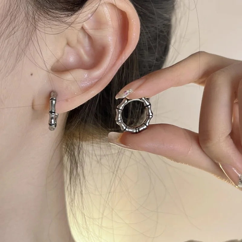 Bamboo Shaped Hoop Earrings for Men Women — Stainless Steel
