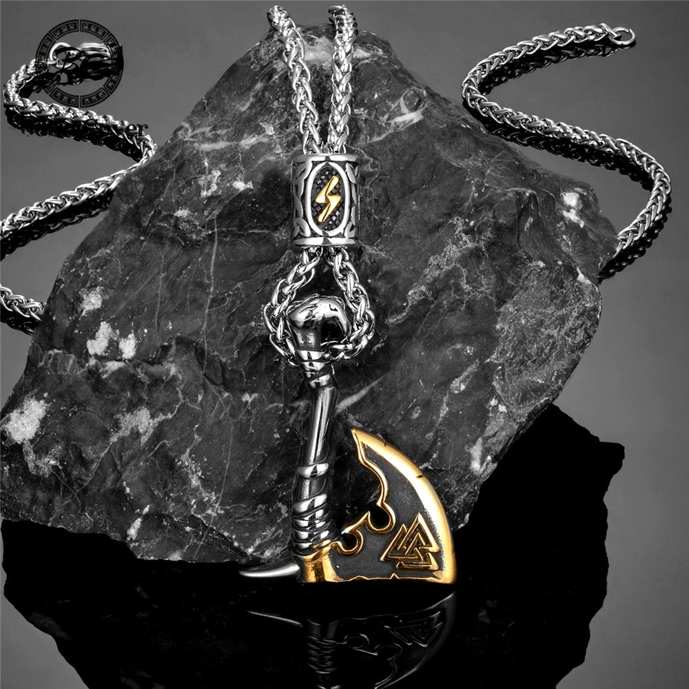 Never Fade Norse Runes Vikings Ax Necklaces Men Stainless Steel Self-defense Hatchet Pendant Valknut Amulet