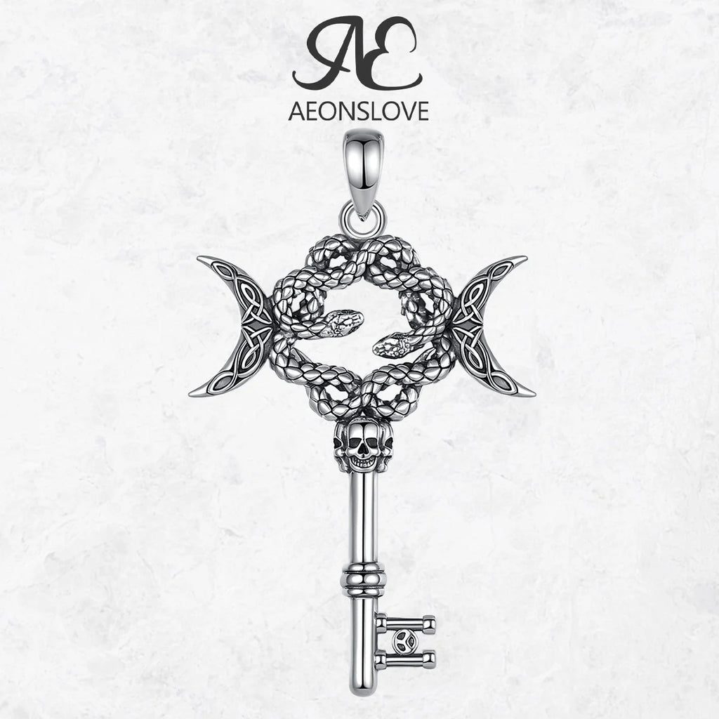 AEONSLOVE Silver Hecate Snake Key Necklace Triple Moon Goddess Pendant Witch Amulet Spiritual Jewelry for Women