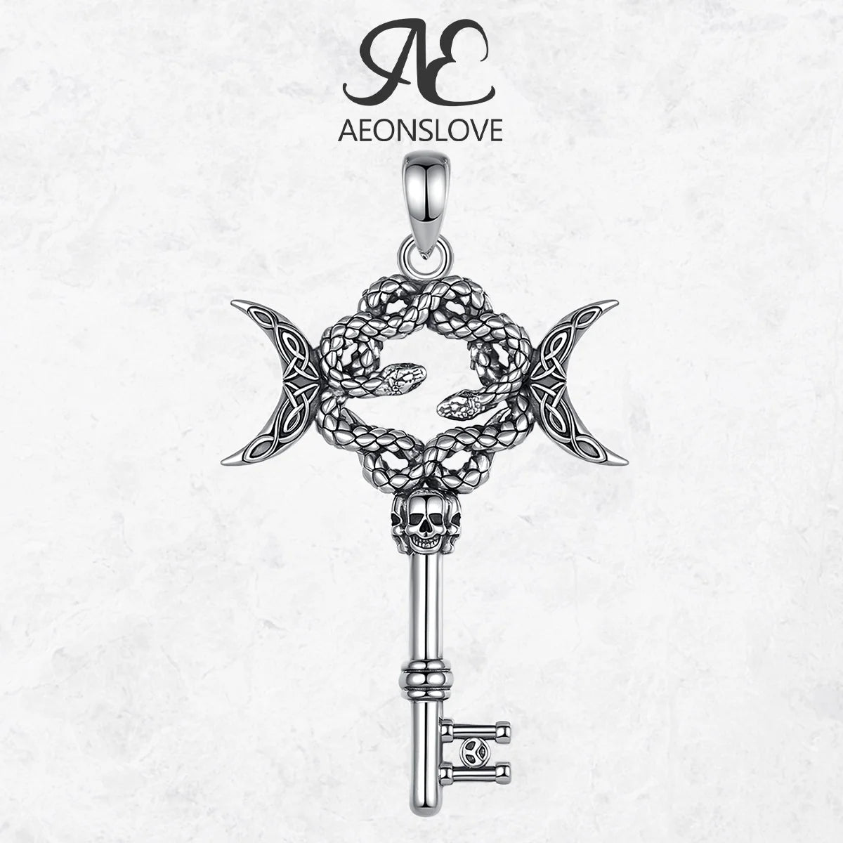 AEONSLOVE Silver Hecate Snake Key Necklace Triple Moon Goddess Pendant Witch Amulet Spiritual Jewelry for Women