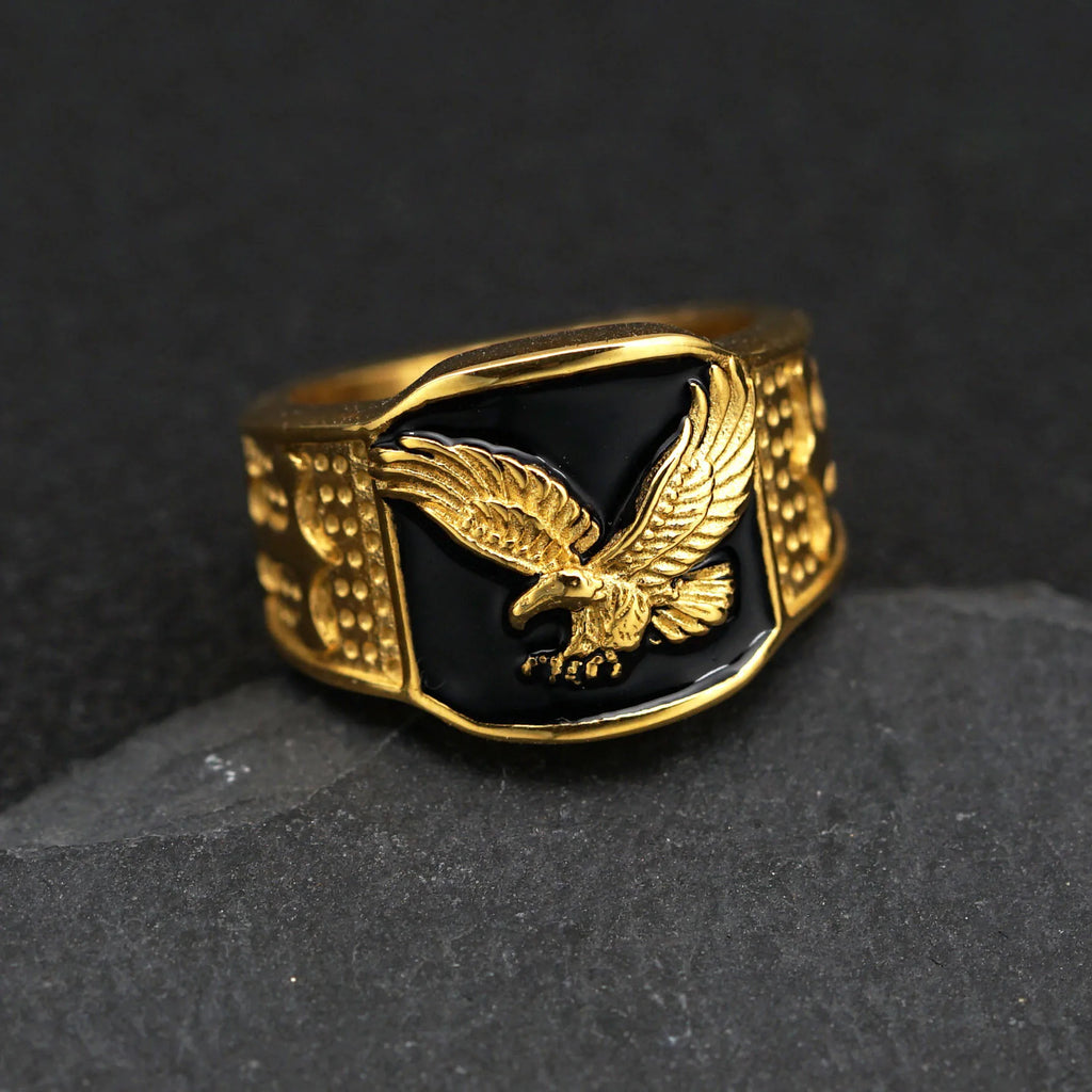 Gold Eagle Ring Classic Statement Band — Stainless Steel