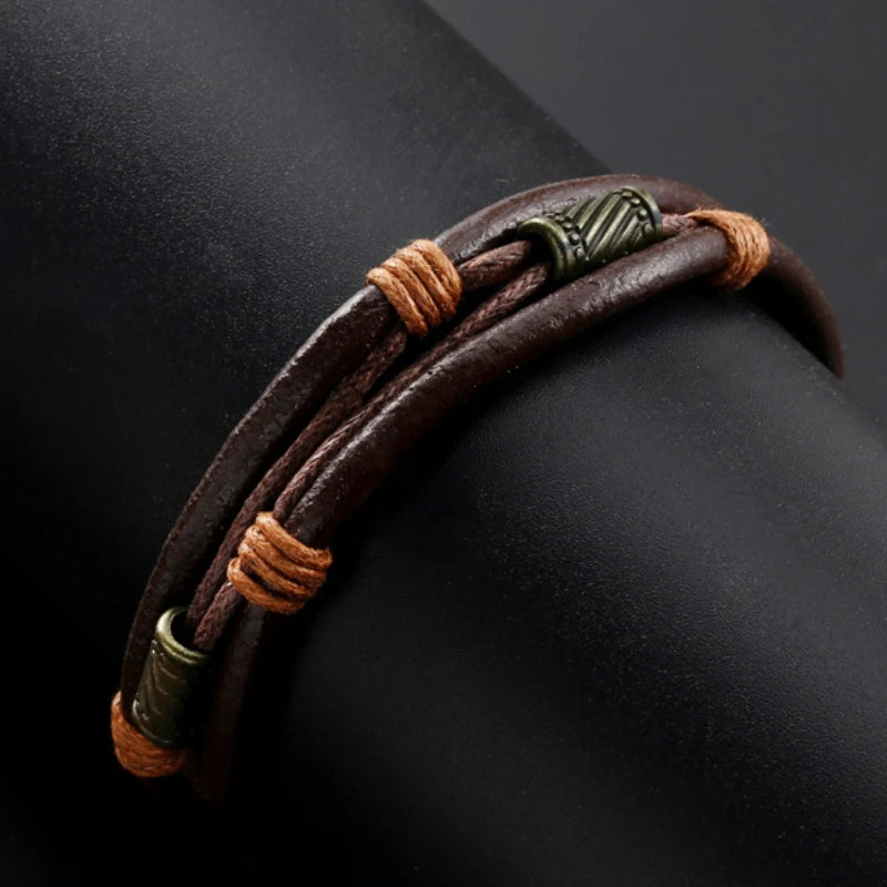 Vintage Cowhide Leather Rope Bracelet — Stainless Steel
