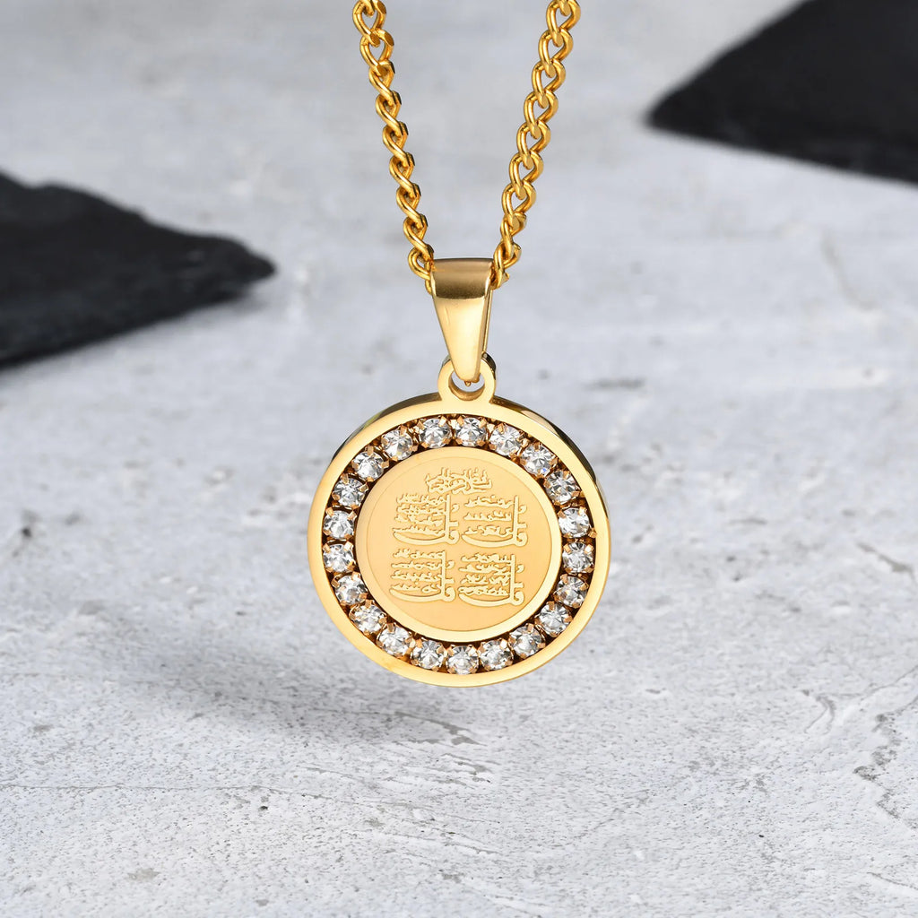 Iced Out Prayer Coin Pendant Necklace — Stainless Steel