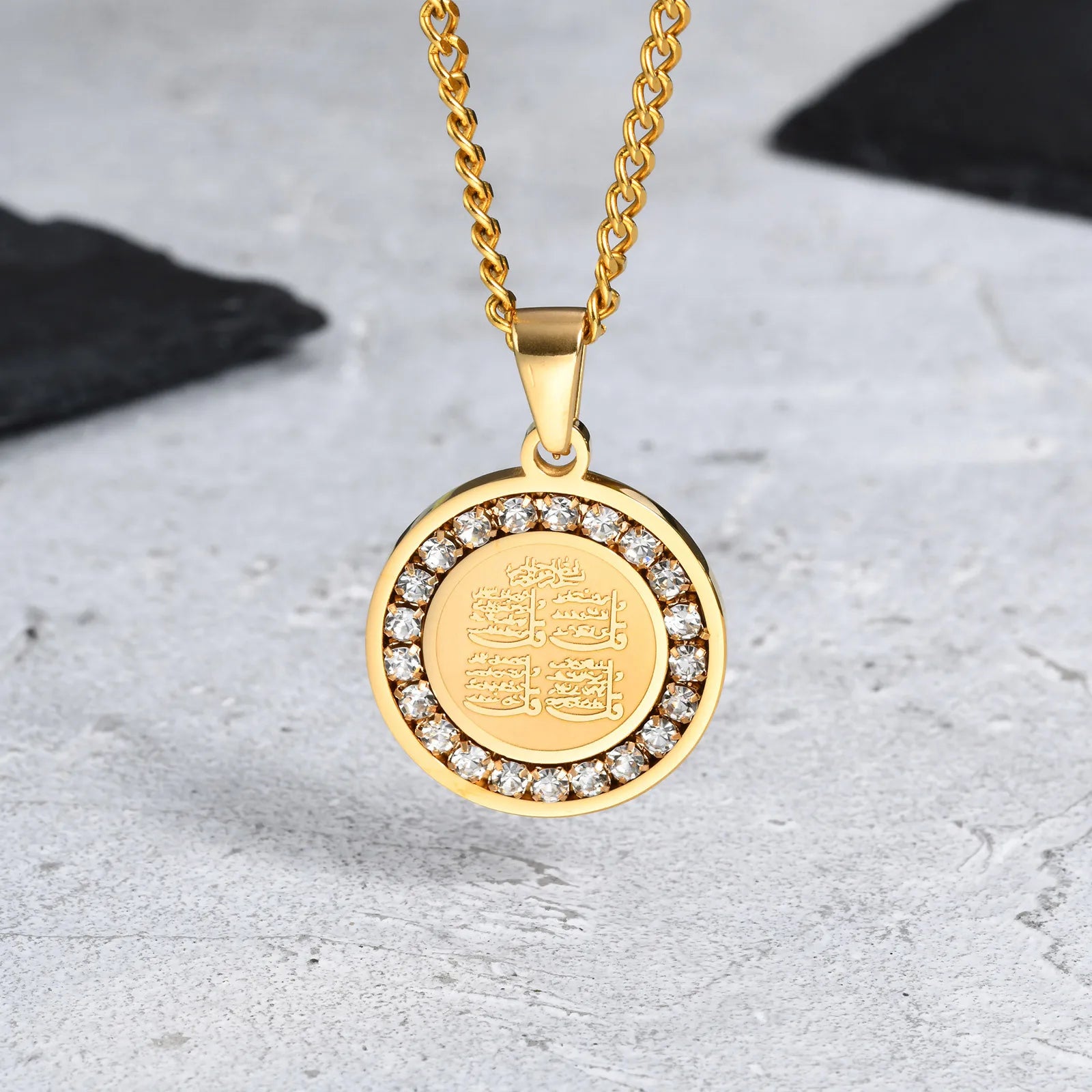 Iced Out Prayer Coin Pendant Necklace — Stainless Steel