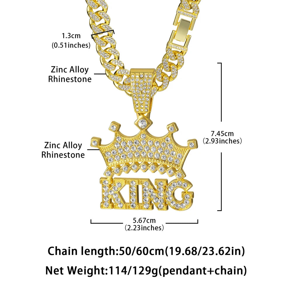 Men Hip Hop Crown with King Pendant Necklace with 13mm Crystal Cuban Chain HipHop Iced Out Bling Necklaces Fashion