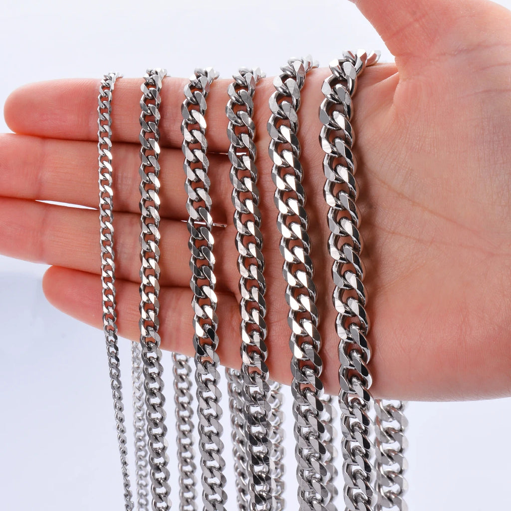 1 Piece Size 3.6mm-9mm Men's Necklace Stainless Steel Cuban Link Chain Bracelet Necklace Steel Color Male Jewelry