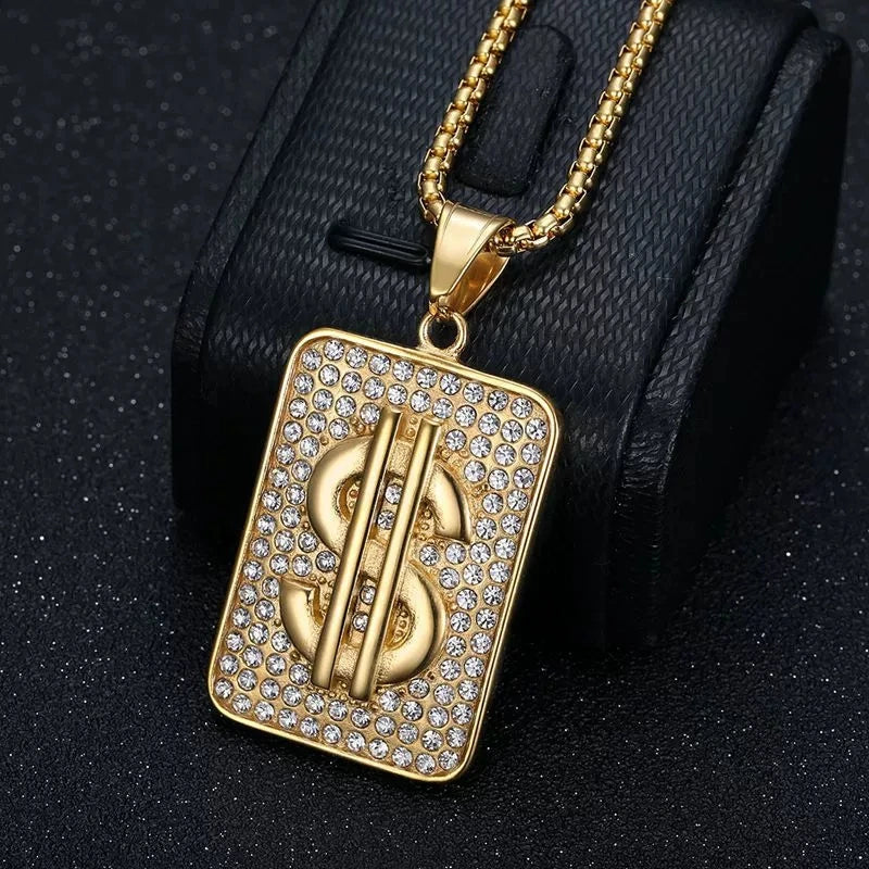 Hip Hop Iced Out Bling Dollar Sign Pendant Gold Color Stainless Steel Rapper Money Necklace For Men Women Hippie Jewelry Gift