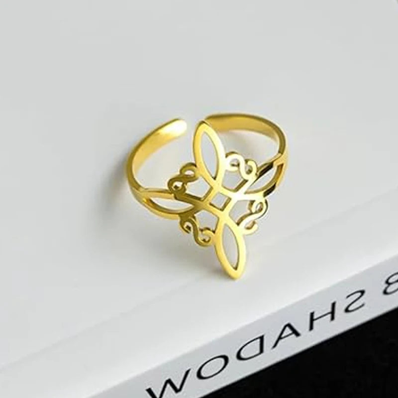 YILUOCD Witchcraft Stainless Steel Open Ring Supernatural Witch Knot Rings For Women Wiccan Cross Protection Amulet