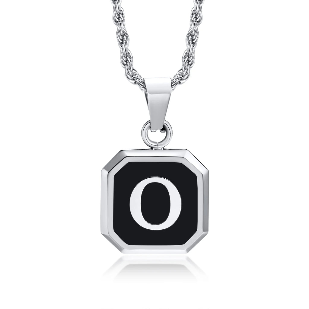 Initials Necklaces for Men Women,A-Z 26 Letters Black Square Stainless Steel Pendant Collar,45-60CM Twisted Rope Chain
