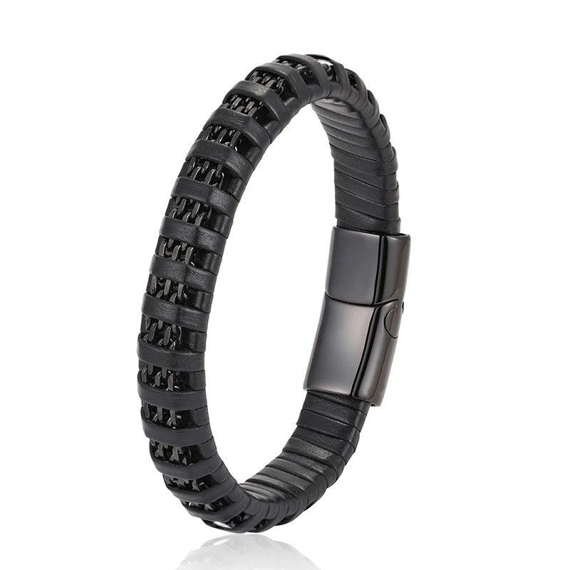 New Fashion 8mm Chain Curb Cuban Link Charm Leather Bracelets Men Stainless Steel Magnet Clasp Hand Bracelet Homme
