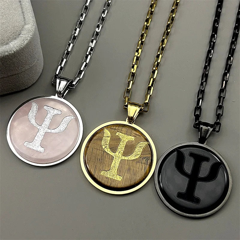 Greek Gold Pendant Letter Psi Symbol Tiger Eye