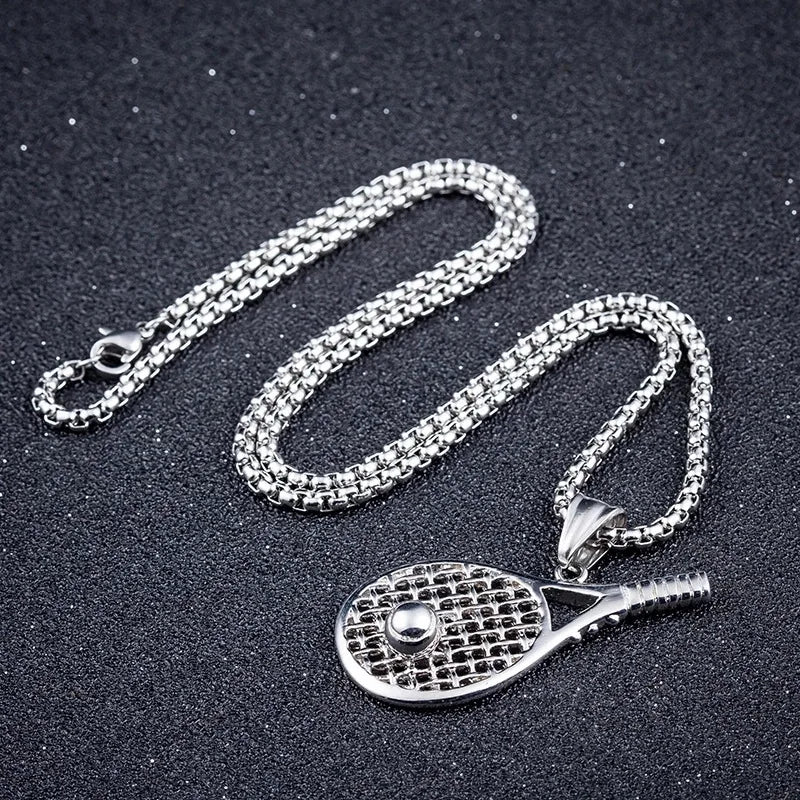 Silver Tennis Racket Pendant Necklace Stainless Steel