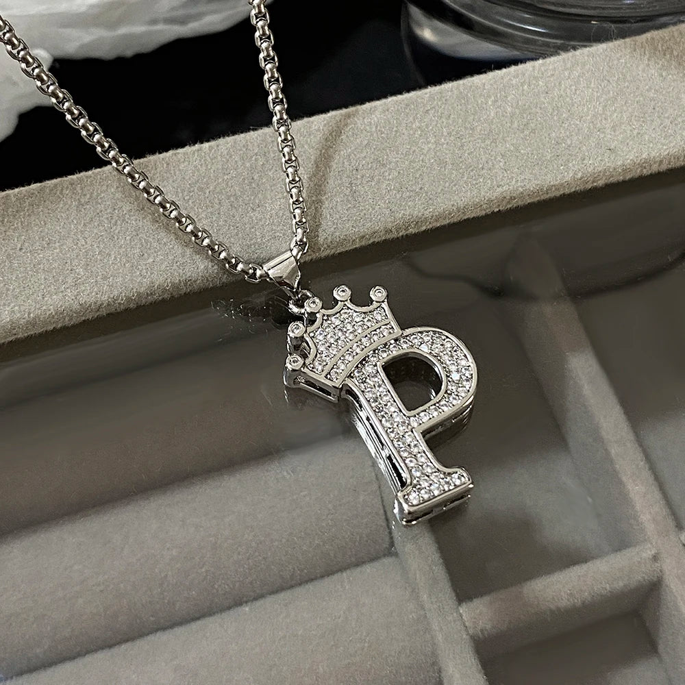 Freetry 26 Letters A-Z Zircon Crown Pendant Necklace for Women Men Punk Initial Alphabet Necklaces Hip Hop Choker Chain
