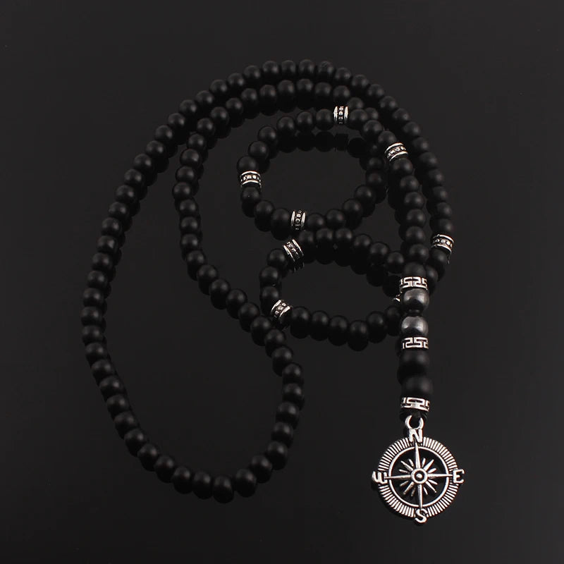 Matte Black Beaded Compass Pendant Necklace 6mm — Zinc Alloy
