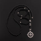 Matte Black Beaded Compass Pendant Necklace 6mm — Zinc Alloy