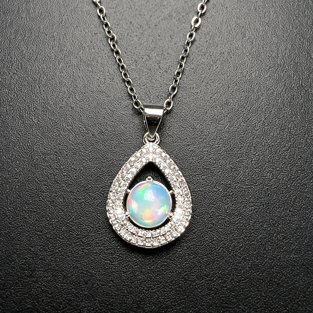 Opal Stone Pendant Necklace — Round 7mm Cabochon
