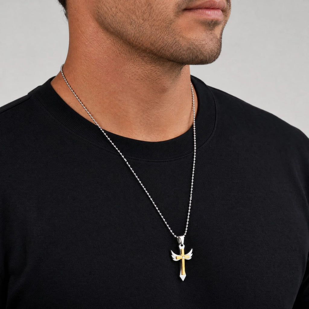 Mens Stainless Steel Necklace, Two-tone Wing Cross Pendant CZ Stone, 70cm Bead Chain, Religious Faith Jewelry Gift for Men