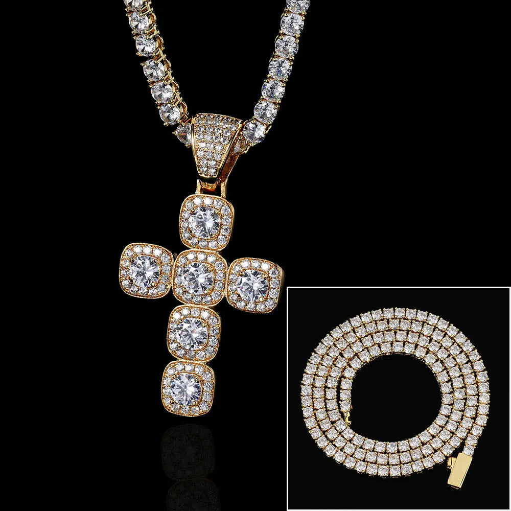 Iced Out Tennis Cross Pendant Necklace