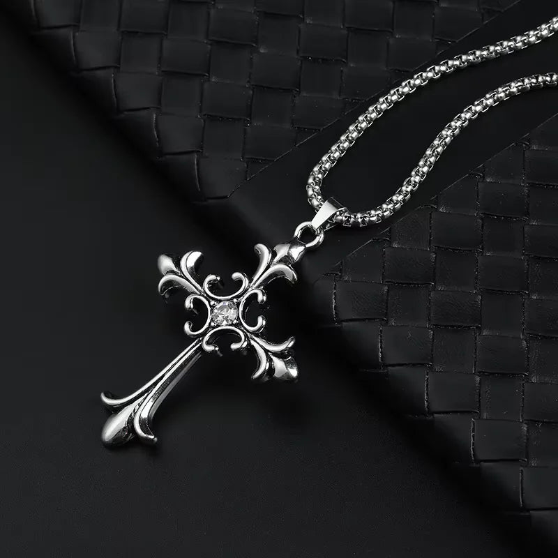 Gothic Style Retro Rhinestone Cross Stainless Steel Pendant ins Hip-Hop Men's Fashion Personality Versatile Necklace