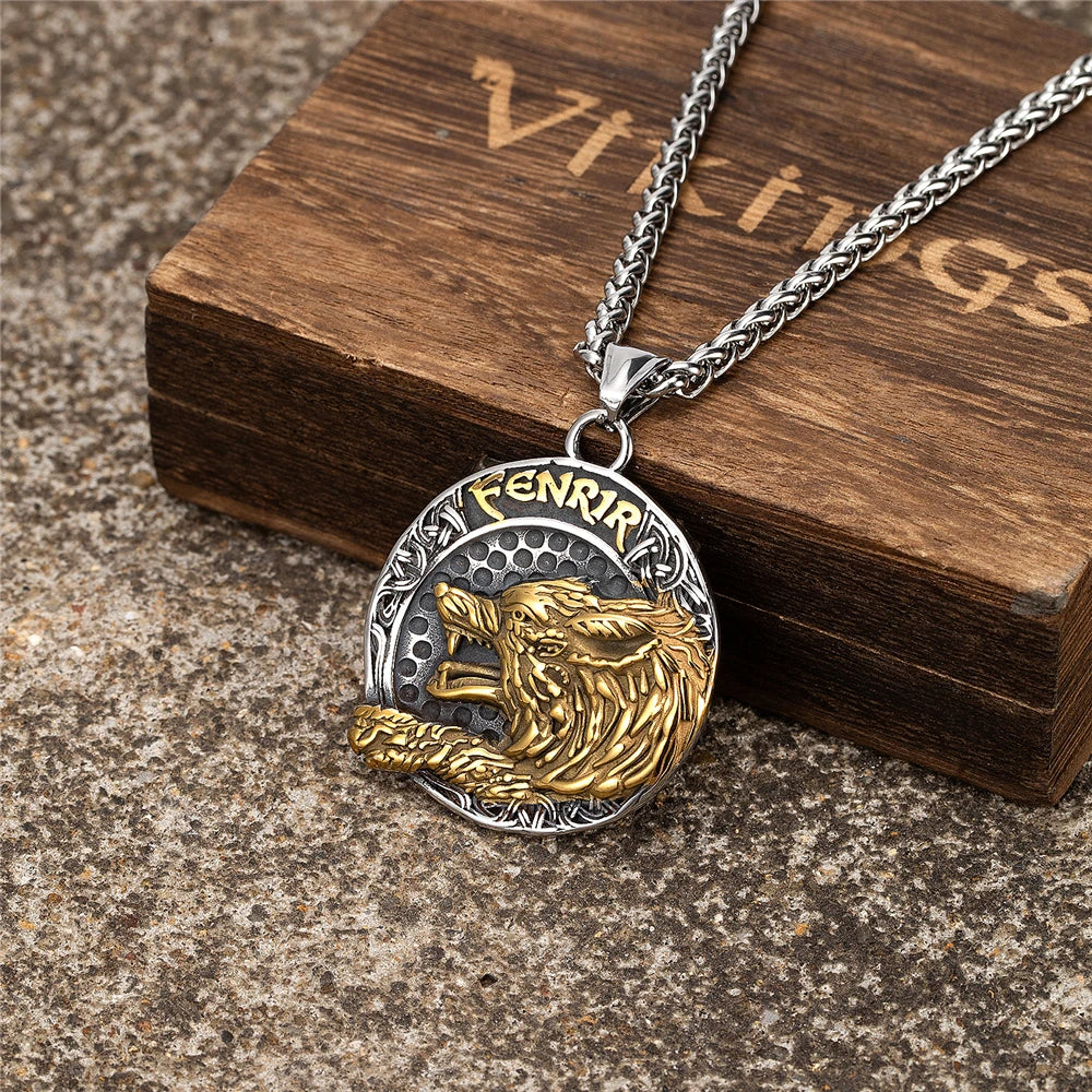 Fenrir Wolf Vegvisir Pendant Necklace — Stainless Steel