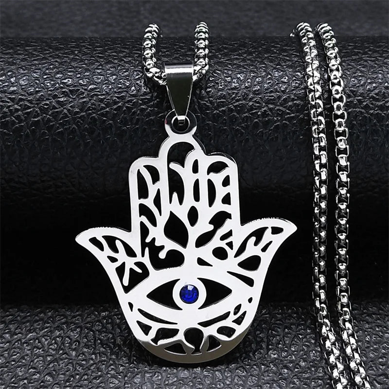 Hollow Fatima Hamsa Hand Pendants Necklace Stainless Steel Gold Color Luck Hand Palm Blue Turkey Eye Necklacse Jewelry Collares