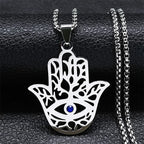 Hollow Fatima Hamsa Hand Pendants Necklace Stainless Steel Gold Color Luck Hand Palm Blue Turkey Eye Necklacse Jewelry Collares