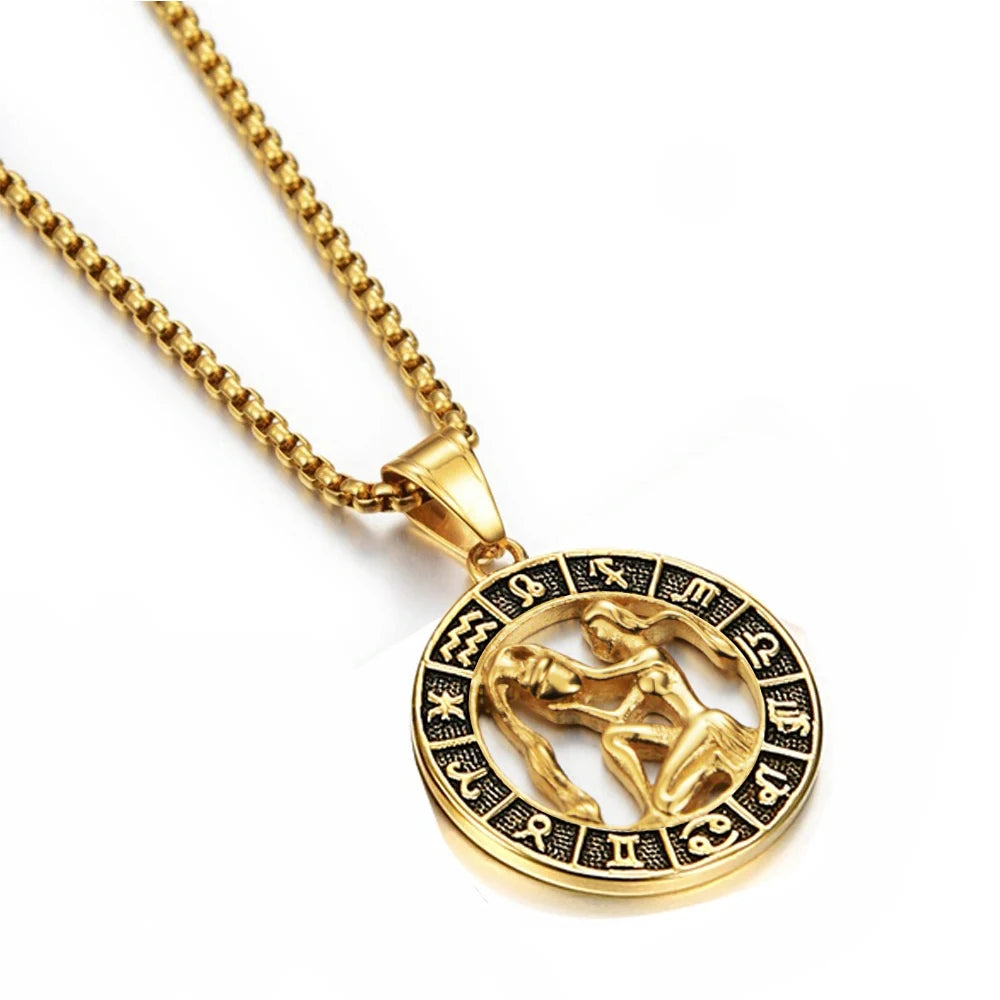 Zodiac Sign Leo Scorpio Pendant Necklace for Women/Men Gold Color Stainless Steel Round 12 Constellation Necklaces