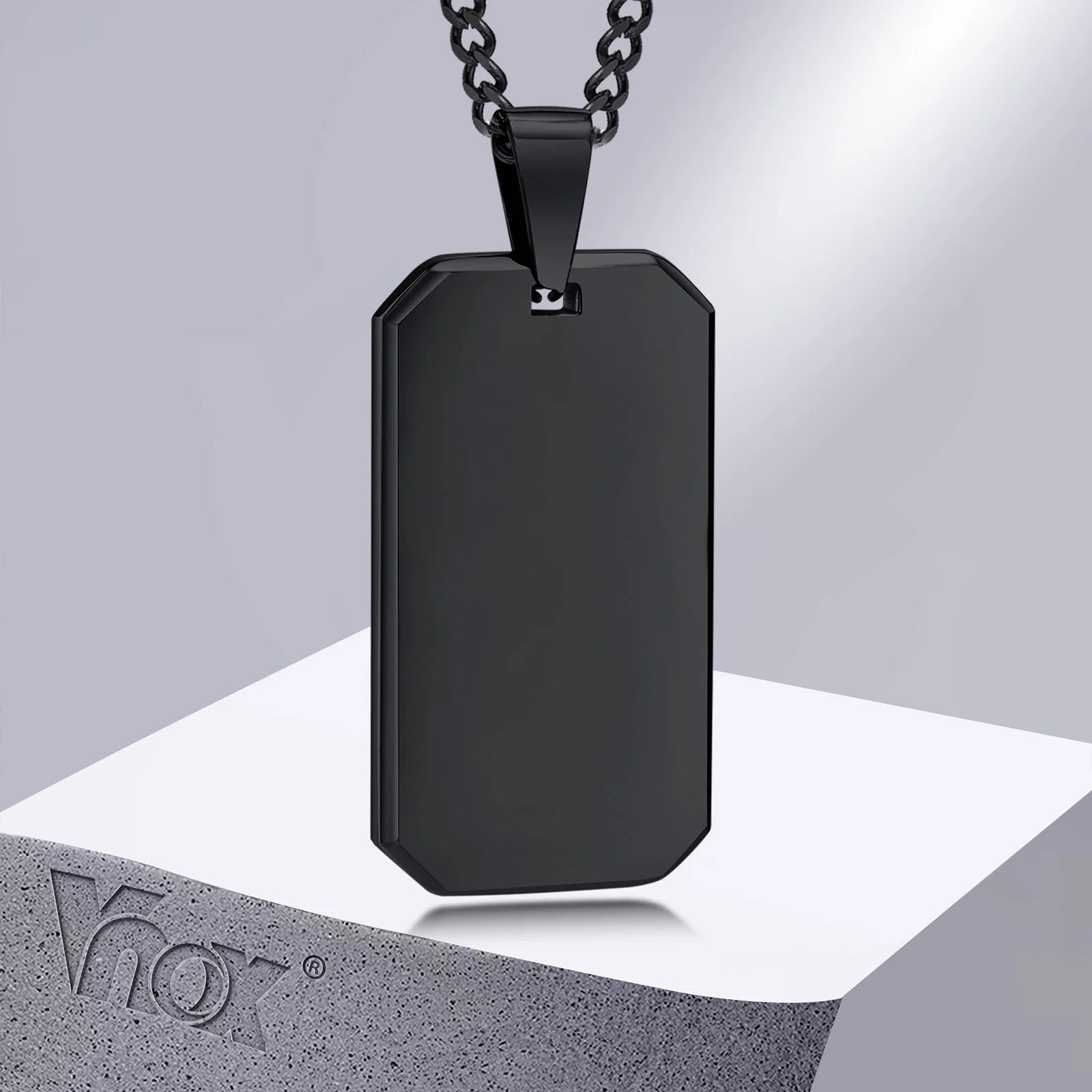 Vnox Men Dogtag Necklaces, Geometric Rectangle Pendant with Cuban Chain, Black Silver Color Stainless Steel Casual Neck