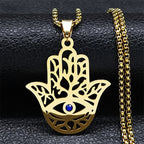 Hollow Fatima Hamsa Hand Pendants Necklace Stainless Steel Gold Color Luck Hand Palm Blue Turkey Eye Necklacse Jewelry Collares