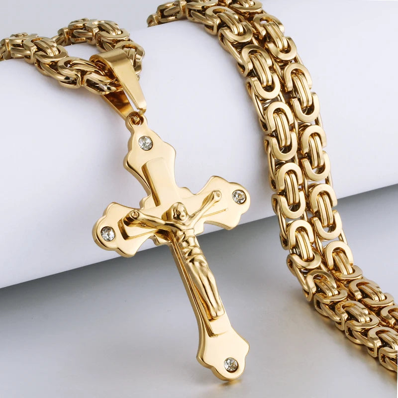 Crystal Crucifix Jesus Byzantine Chain Necklace — Stainless Steel
