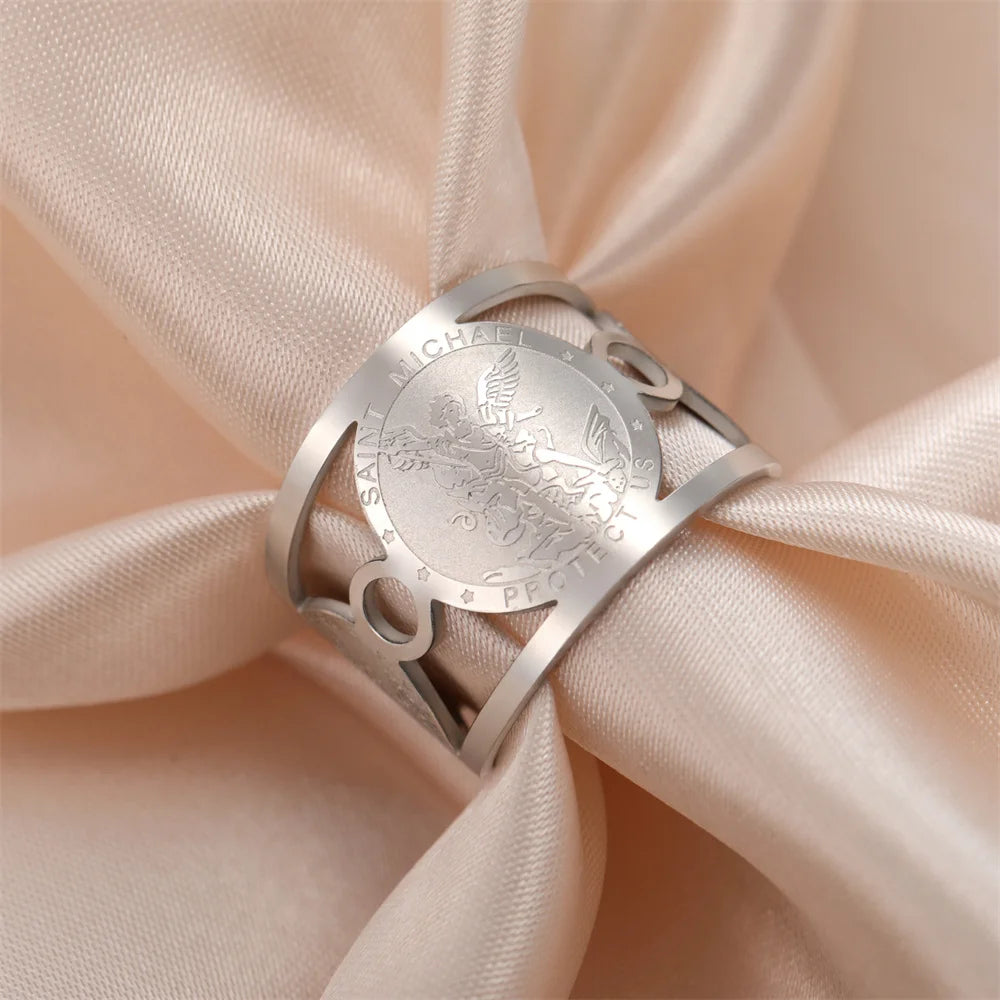 Archangel Saint Michael Gabriel Raphael Ring Adjustable Open Stainless Steel Protection Amulet Finger Rings Blessing