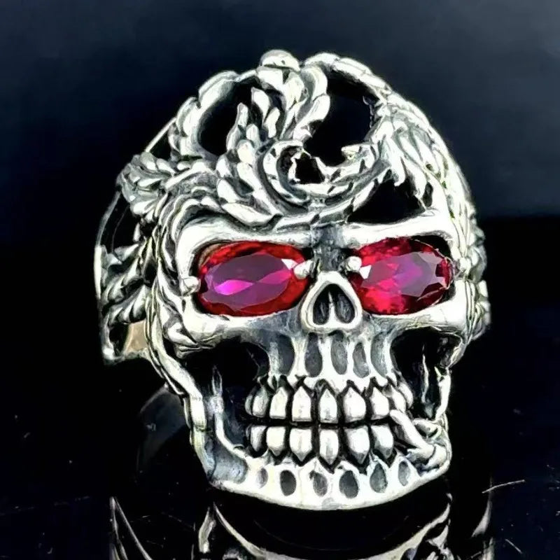 European and American new fashion skull shape red zircon inlaid punk retro men's ring