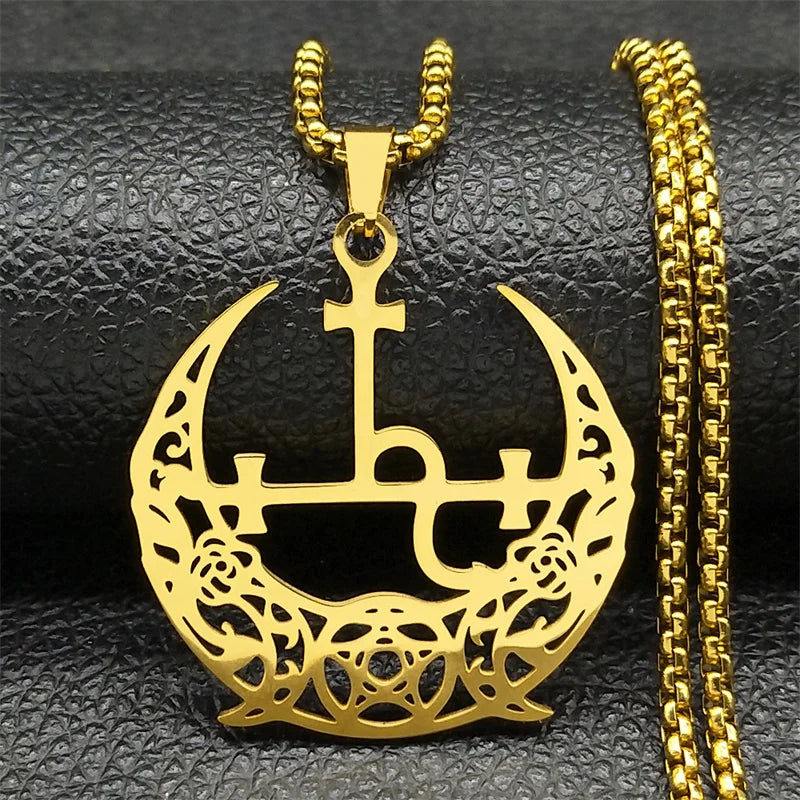 Star Demon Gold Pendant Wicca Triple Moon Crescent
