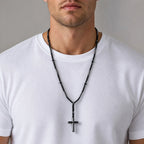 Retro Natural Stone Black Hematite Beaded Necklace Cross Pendant Beads Chain Long Necklace for Men Stylish Religious Jewelry