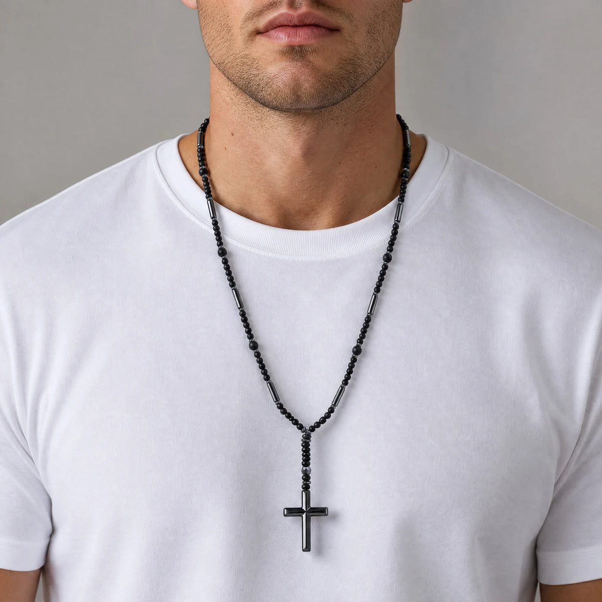 Retro Natural Stone Black Hematite Beaded Necklace Cross Pendant Beads Chain Long Necklace for Men Stylish Religious Jewelry
