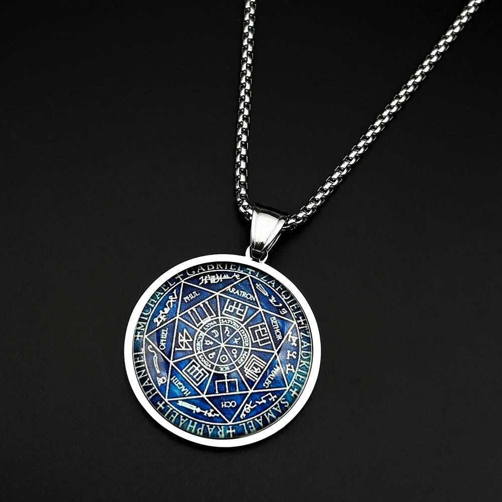 Seven Archangels Glass Medal Angel Pendant Necklace for Women Men Stainless Steel Seal of Solomon Protection Chain Jewelry Gift