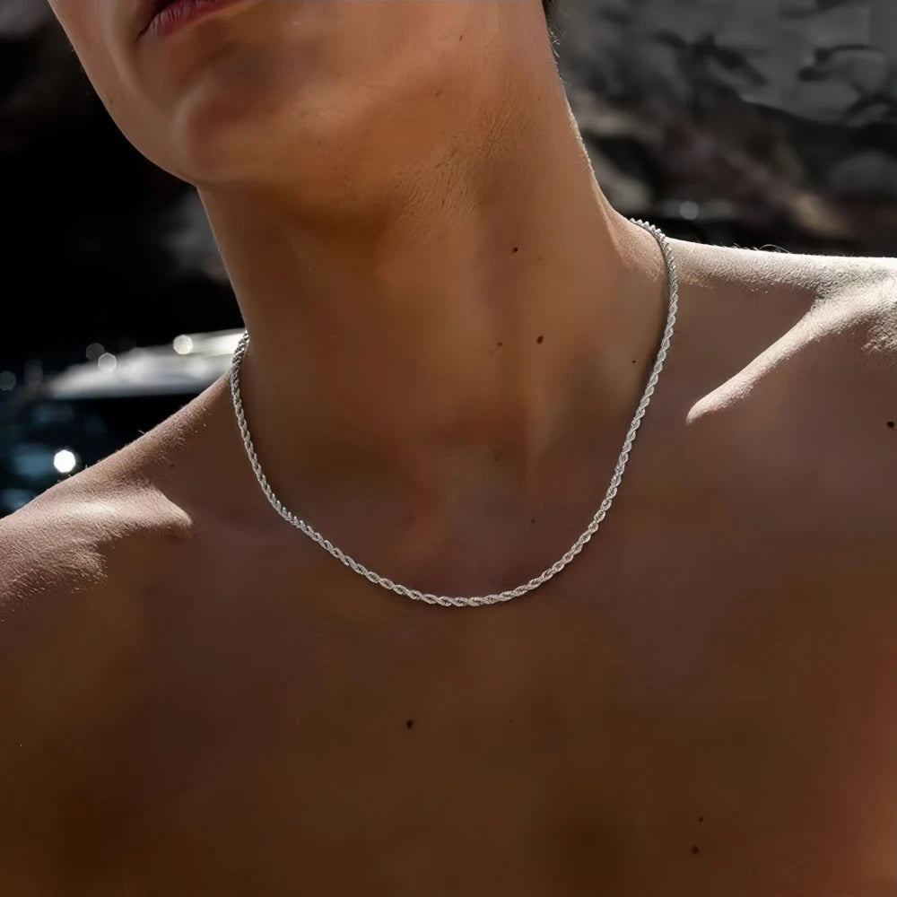 2mm Men Silver Color Twisted Twist Chain Necklace Simple Titanium Steel Choker Fashionable Non-fading Stainless Steel