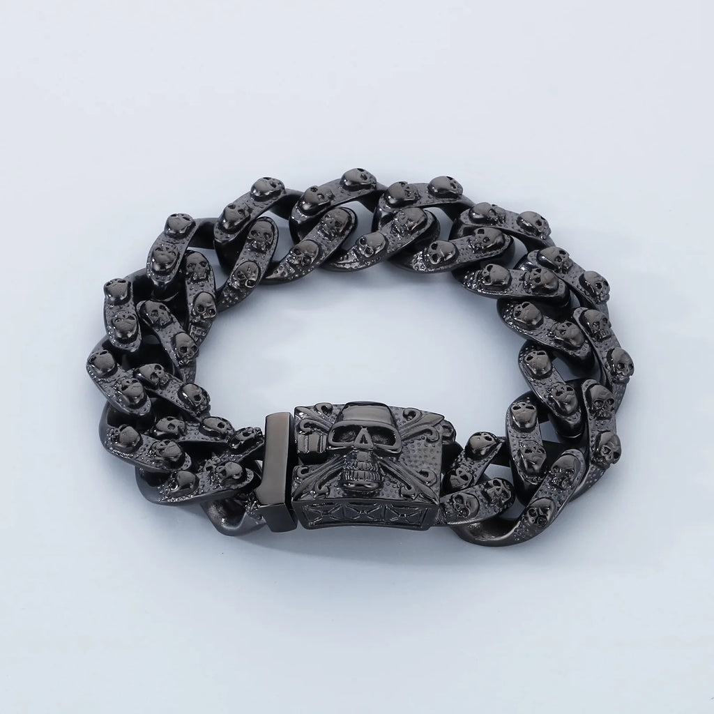 Punk Skull Charm Bracelets For Men Stainless Steel Cuban Chain Men Bangle Bracelet Silver Black Color Skeleton Jewelry