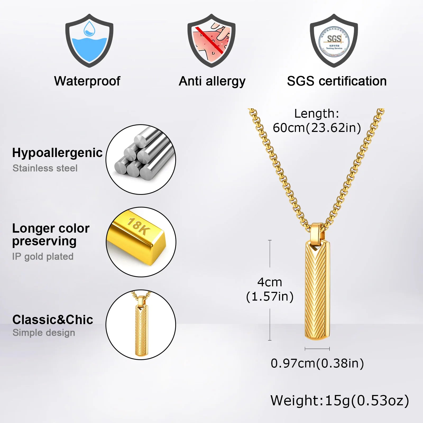 Sunburst Long Bar Pendant Necklace — Stainless Steel