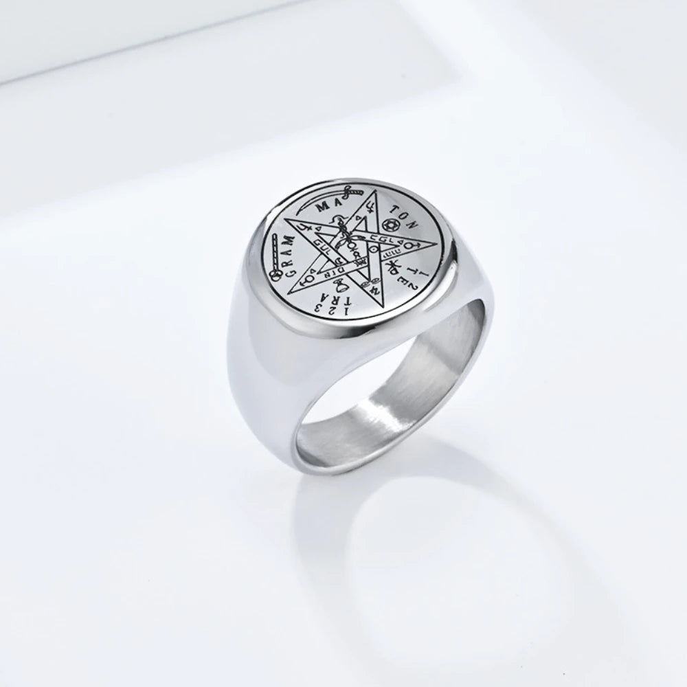 Jewish Tetragrammaton Hebrew Pentagram Rings Stainless Steel Pentacle Ring for Men Witchcraft Power Protection Amulet