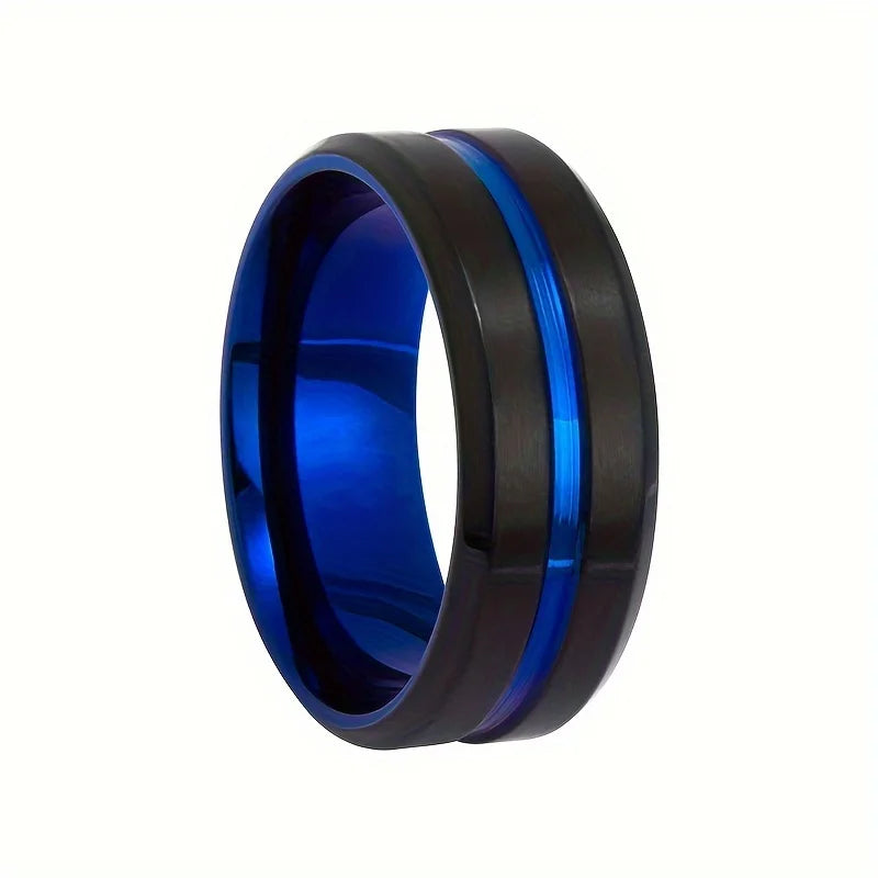 Fashion Men's Stainless Steel Rings 8mm Classical Black Blue Groove Beveled Edge Wedding Engagement Anniversary Jewelry