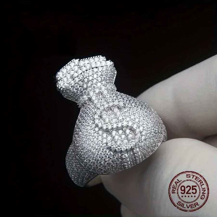 Unique Men‘s 925 Sterling Silvery Icy Out Money Bag Baguette Rings Dollar Sign Hip Hop Ring for Male Fashion Jewelry