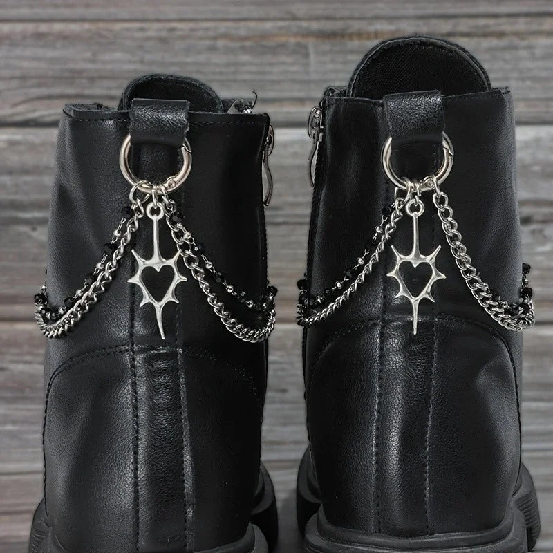 2Pcs Gothic Spiky Hollow Heart-Shaped Black Bead Double-Layer Boot Chain Metal Shoe Decoration, Suitable for All Kinds
