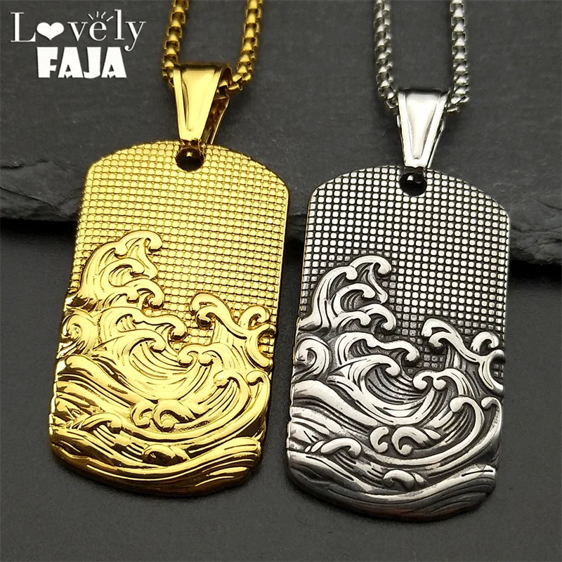 Geometric Two-Tone Pendant Sea Wave Dog Tag
