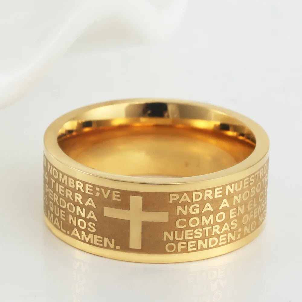 7mm Tone Spanish Golden The Holy Bible Prayer Cross Ring Stainless Steel Rings
