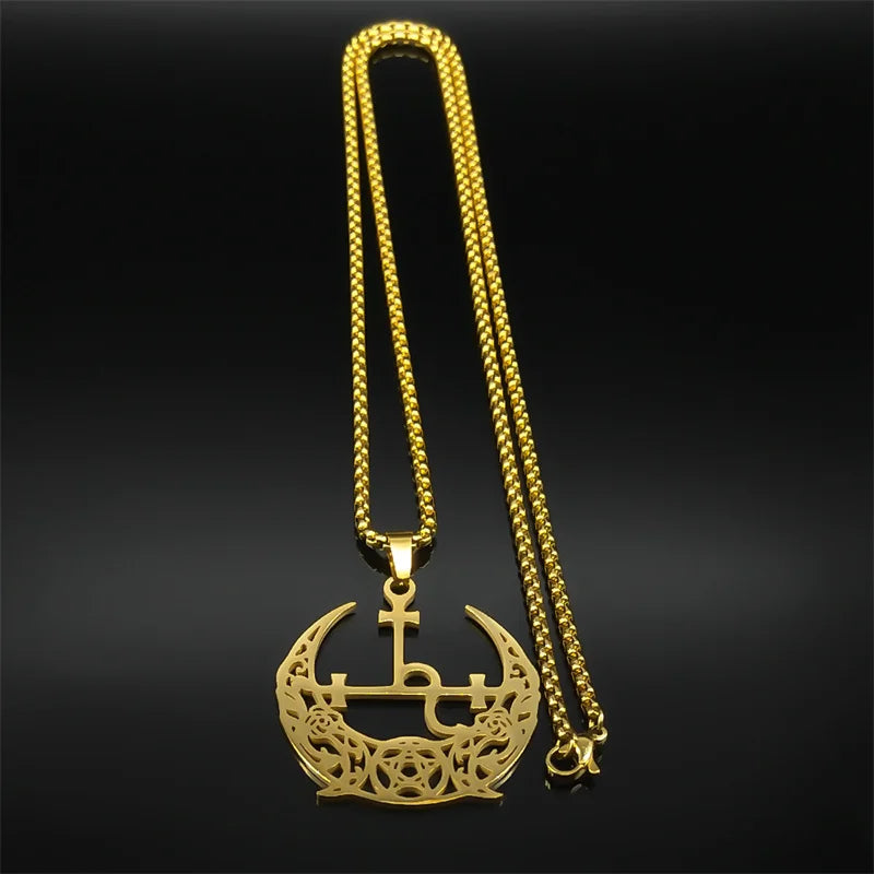 Star Demon Gold Pendant Wicca Triple Moon Crescent